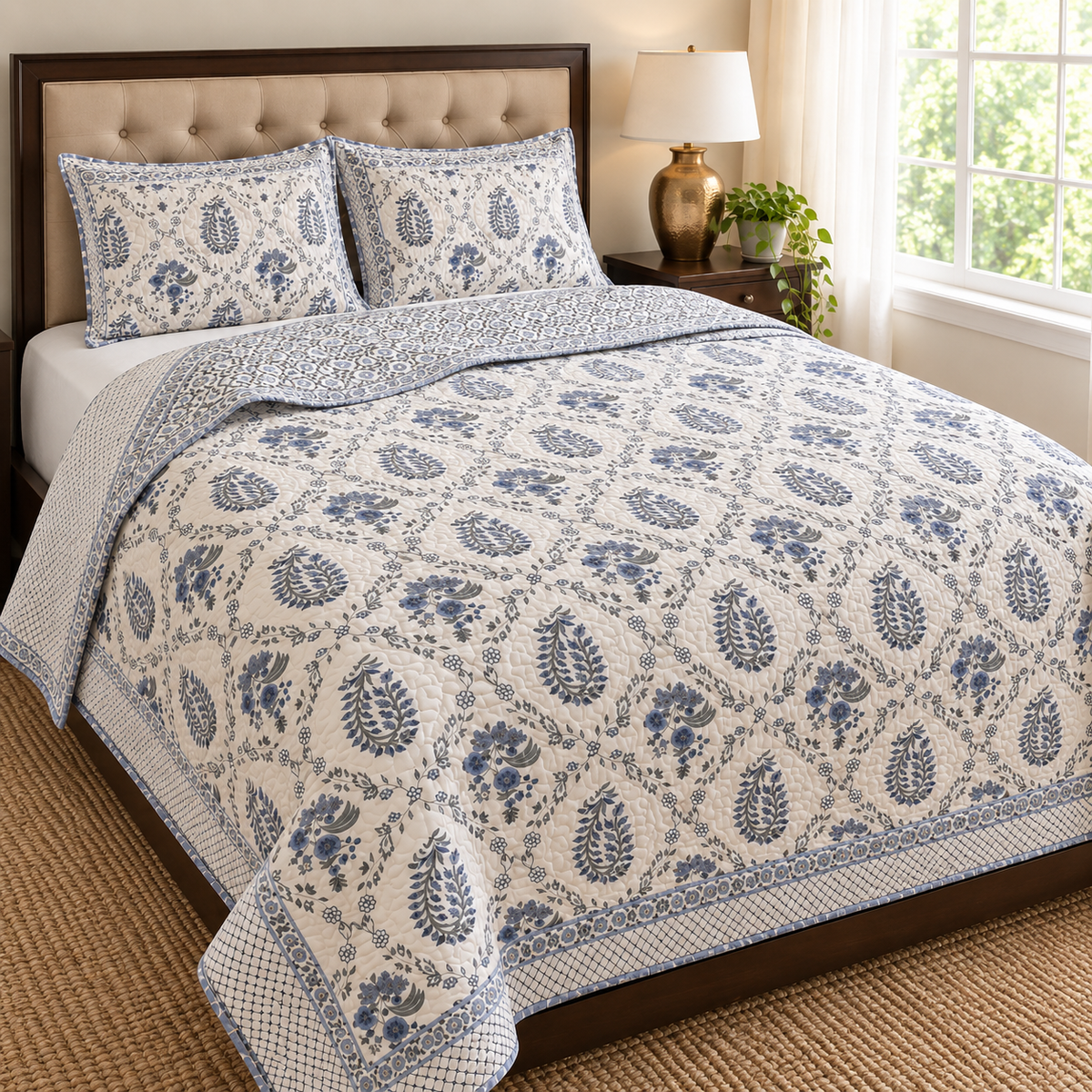 Blue Kairi Handblock Printed Reversible Quilted Bedcover Set-105x108