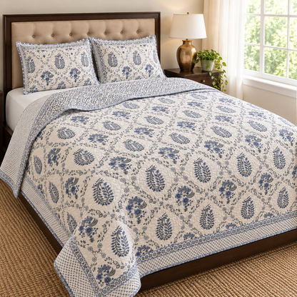 Blue Kairi Handblock Printed Reversible Quilted Bedcover Set-105x108