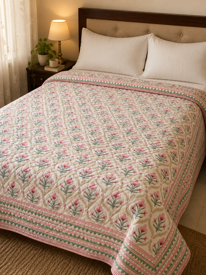 Pink & Green Cotton Bud Handblock Reversible Mulmul Cotton Quilt