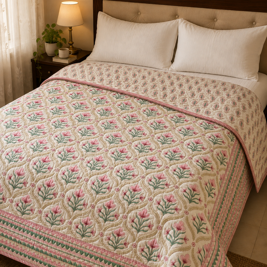 Pink & Green Cotton Bud Handblock Bedsheet + Quilt Combo Set