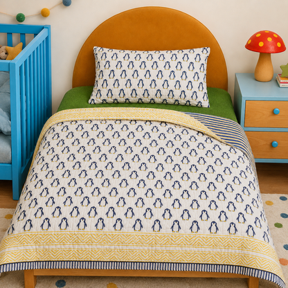 Blue Penguin Handblock Reversible Mulmul Cotton Kids Blanket Set