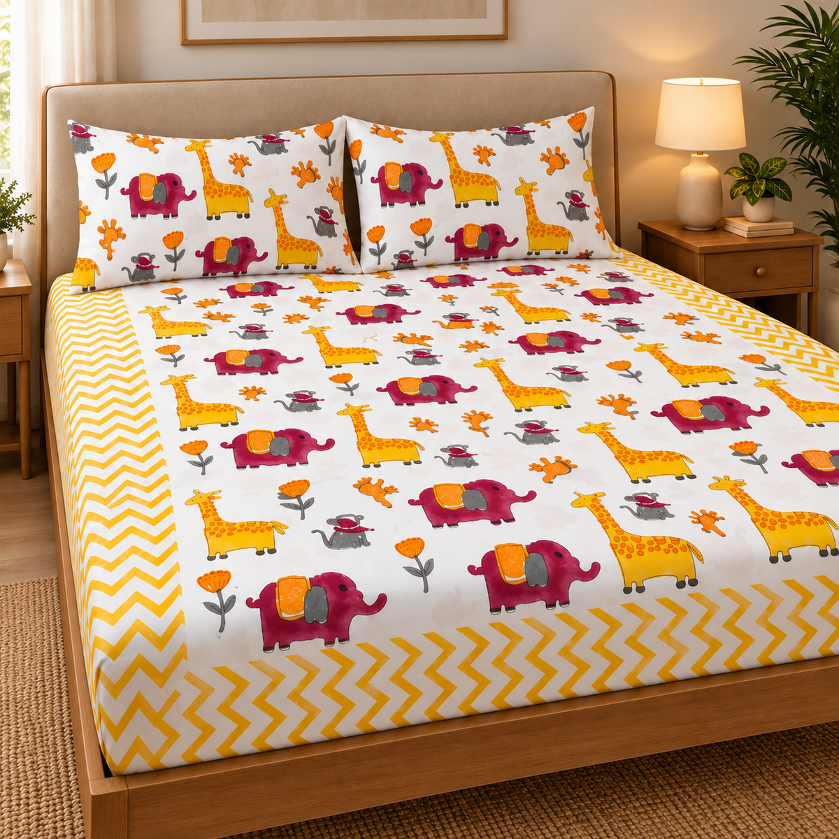 Orange Giraffe Handblock Premium Cotton Bedsheet Set