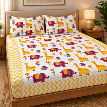 Orange Giraffe Handblock Premium Cotton Bedsheet Set