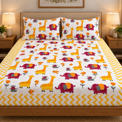 Orange Giraffe Handblock Premium Cotton Bedsheet Set