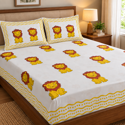 Yellow Lion Handblock Premium Cotton Bedsheet Set