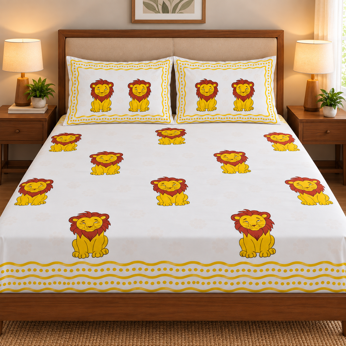 Yellow Lion Handblock Premium Cotton Bedsheet Set