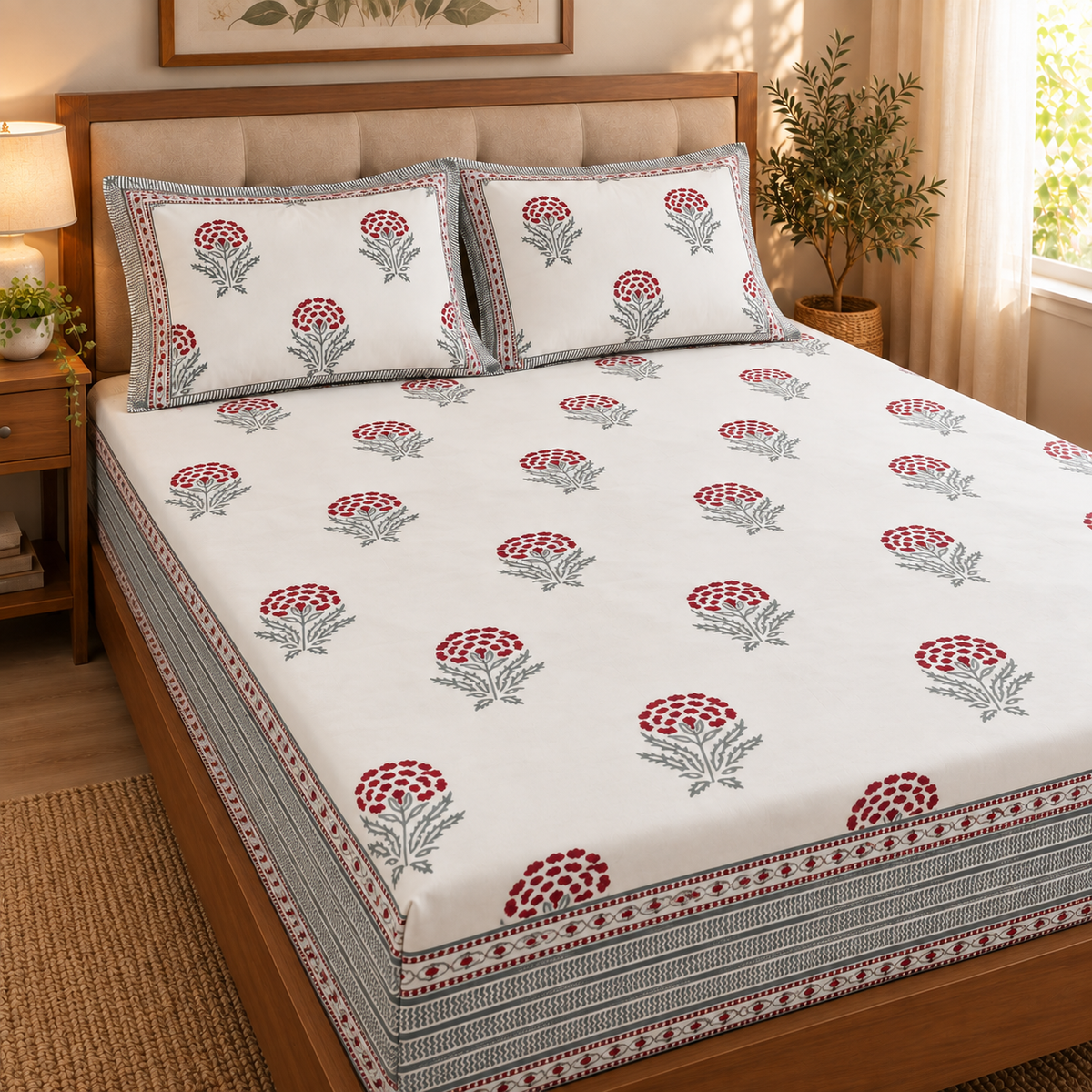 Red Marigold Handblock Premium Cotton Bedsheet Set