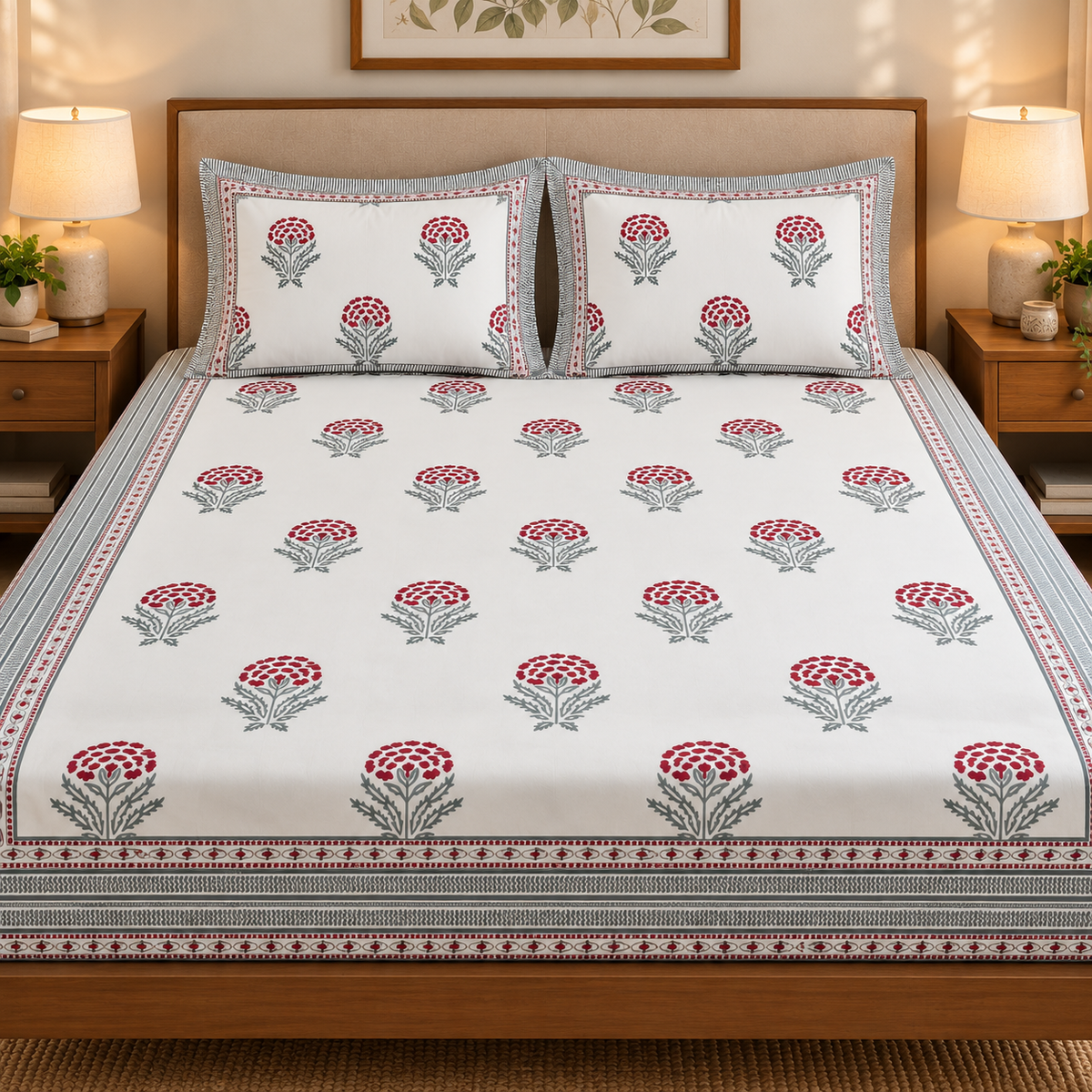 Red Marigold Handblock Premium Cotton Bedsheet Set