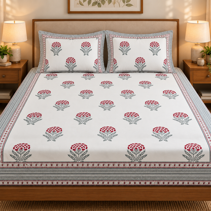Red Marigold Handblock Premium Cotton Bedsheet Set
