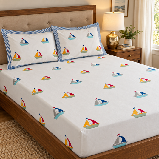 Blue Boat Handblock Premium Cotton Kids Bedsheet Set