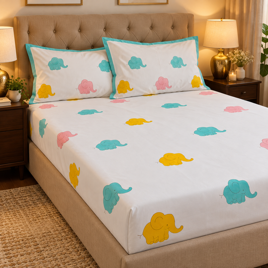Pink & Yellow Elephant Handblock Premium Cotton Bedsheet Set