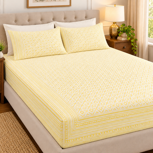 Yellow Geometric Handblock Premium Cotton Bedsheet