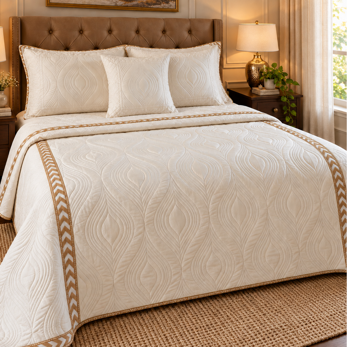 White Embossed Leaf Quilted Bedcover with Brown Lace