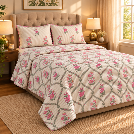 Pink Periwinkle Handblock Reversible Straight Quilted Bedcover Set