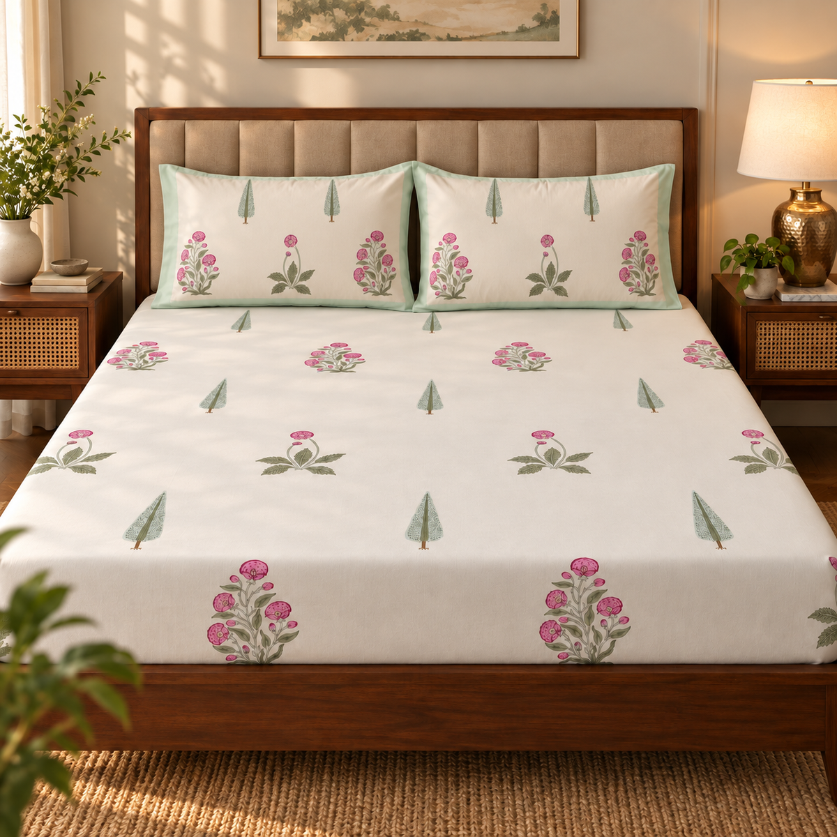 Light Magenta Floral Handblock Premium Cotton Bedsheet