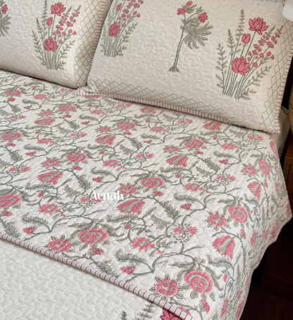 Green Ashoka Handblock Printed Reversible Quilted Bedcover 105x108