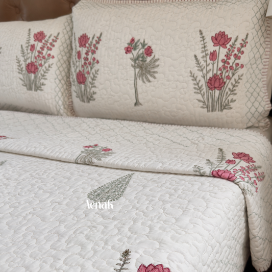 Green Ashoka Handblock Printed Reversible Quilted Bedcover Set-105x108