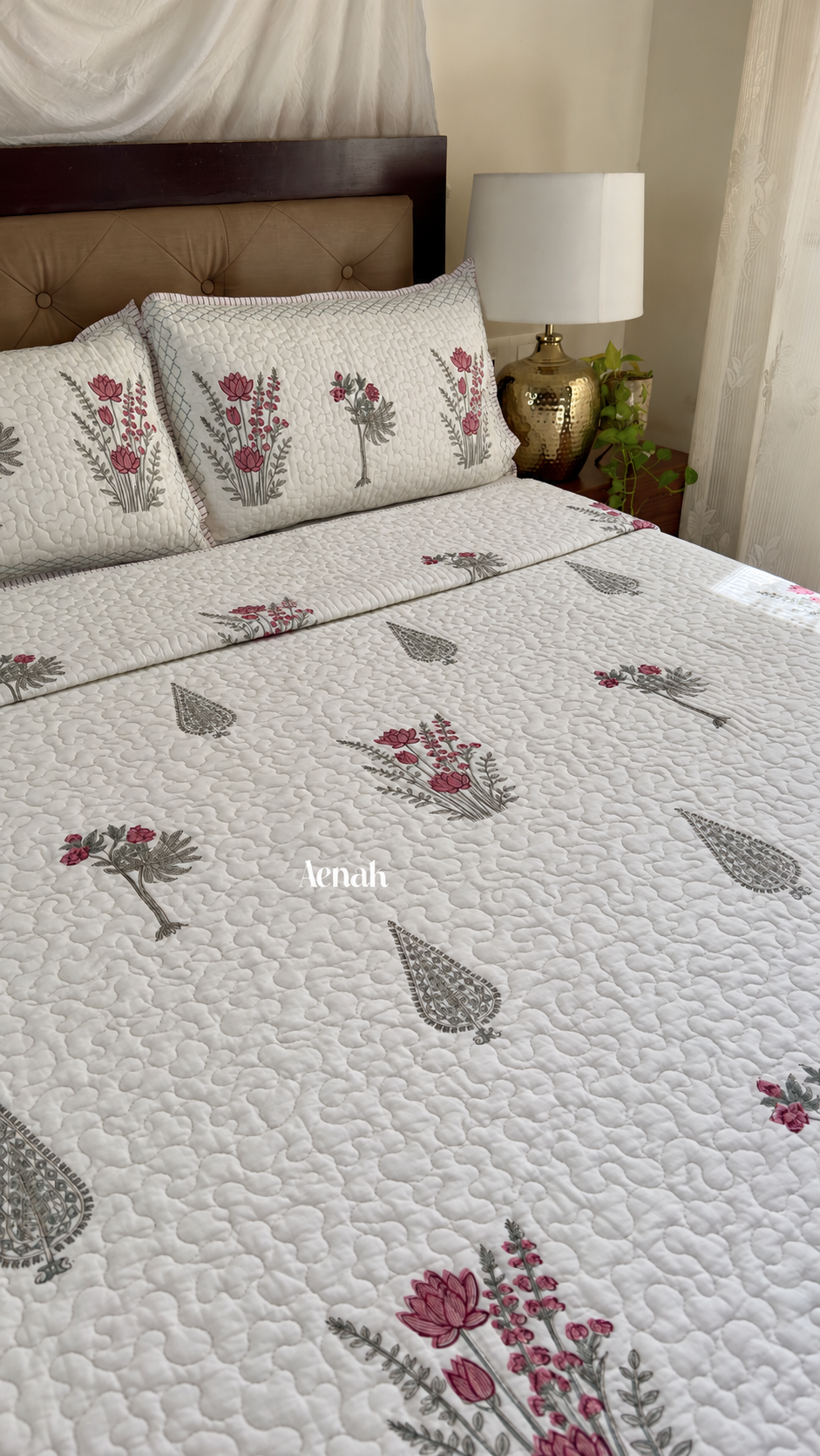 Green Ashoka Handblock Printed Reversible Quilted Bedcover 105x108