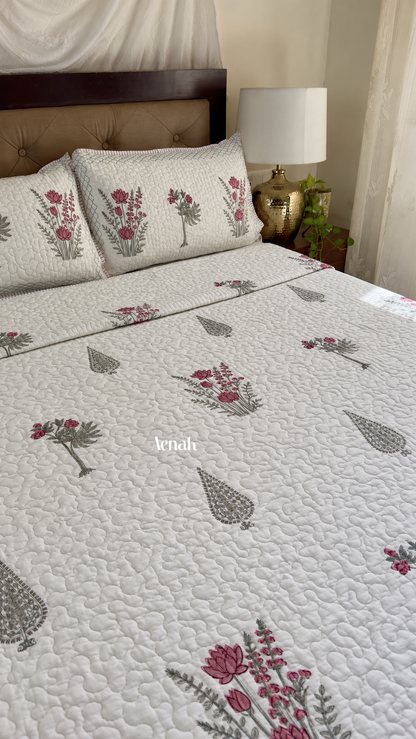 Green Ashoka Handblock Printed Reversible Quilted Bedcover 105x108
