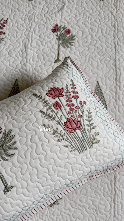 Green Ashoka Handblock Printed Reversible Quilted Bedcover 105x108