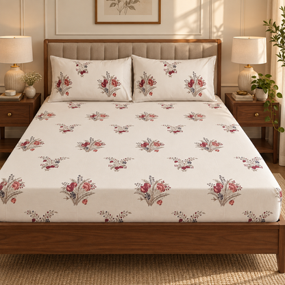 Burgundy Anaar Handblock Premium Cotton Bedsheet Set (Beige Base)
