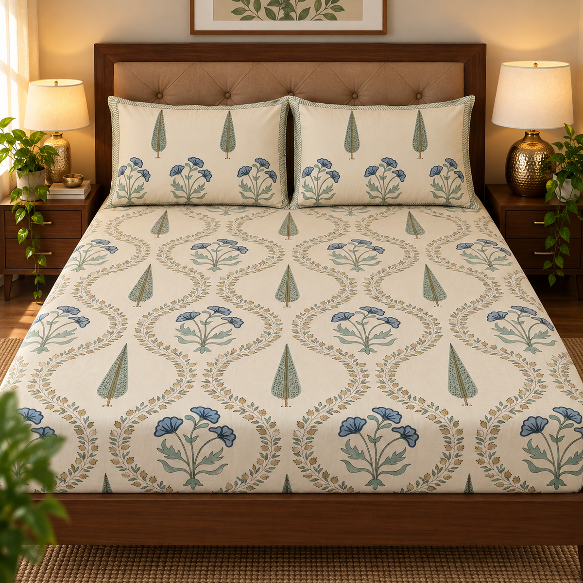Blue Poppy Handblock Premium Cotton Bedsheet Set (Beige Base)