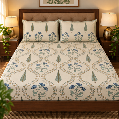Blue Poppy Handblock Premium Cotton Bedsheet Set (Beige Base)