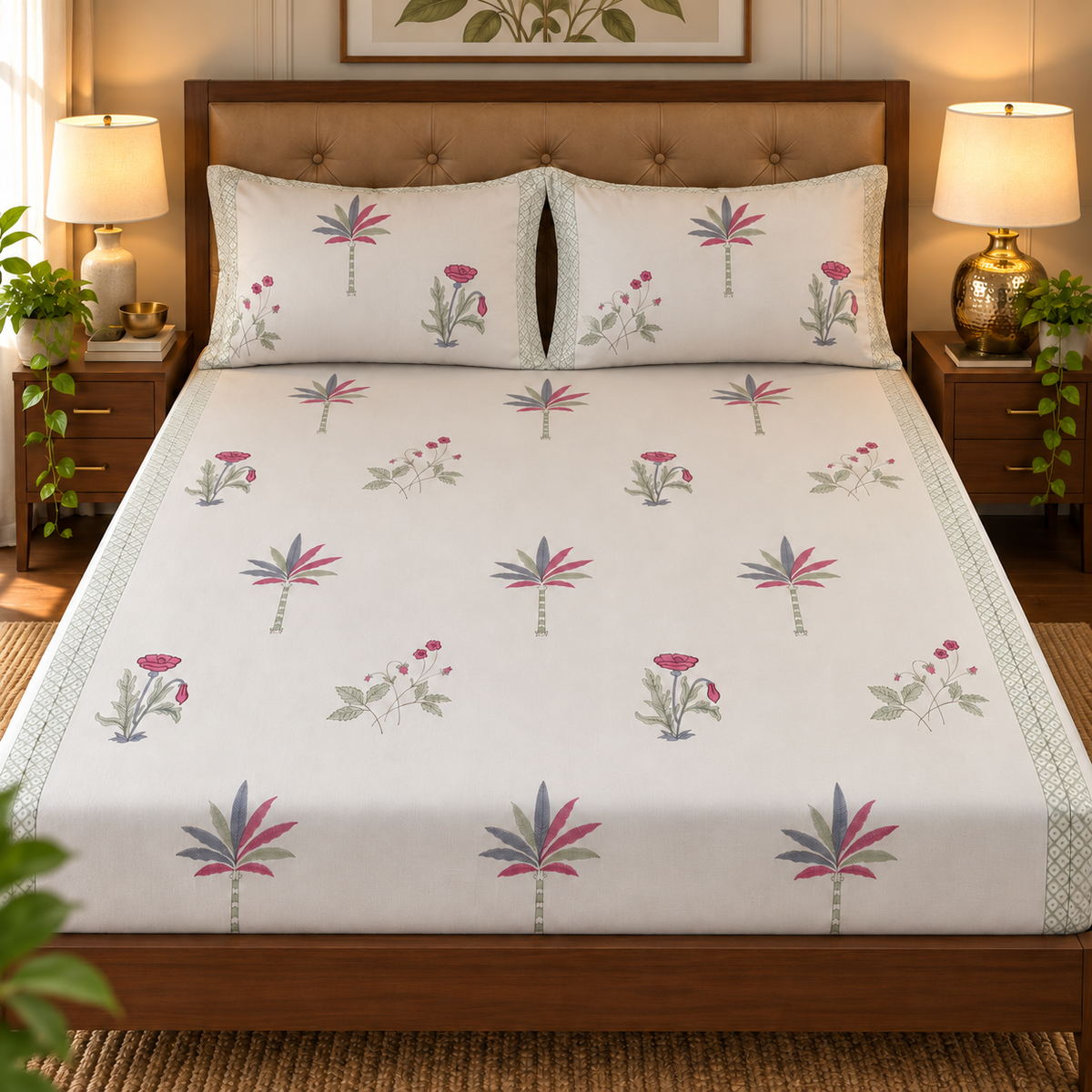 Pink Blue Palm Handblock Premium Cotton Bedsheet Set