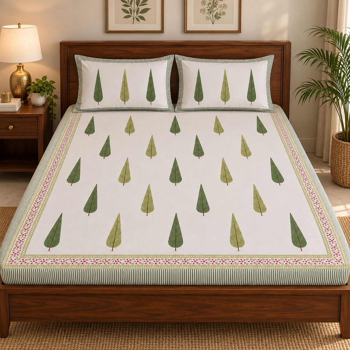 Green Cypress Handblock Premium Cotton Bedsheet Set