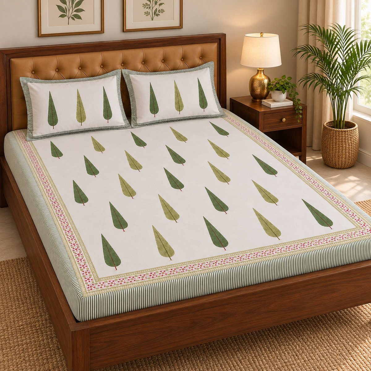 Green Cypress Handblock Premium Cotton Bedsheet Set