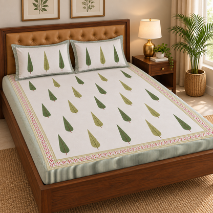 Green Cypress Handblock Premium Cotton Bedsheet Set