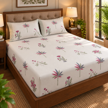Pink Blue Palm Handblock Premium Cotton Bedsheet Set