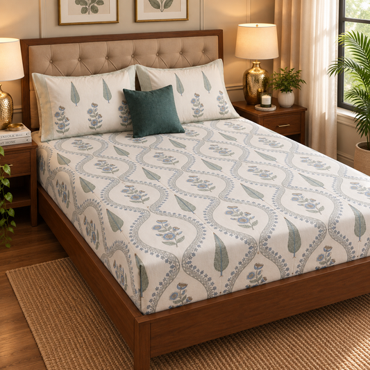 Blue Periwinkle Jaal Handblock Premium Cotton Bedsheet Set