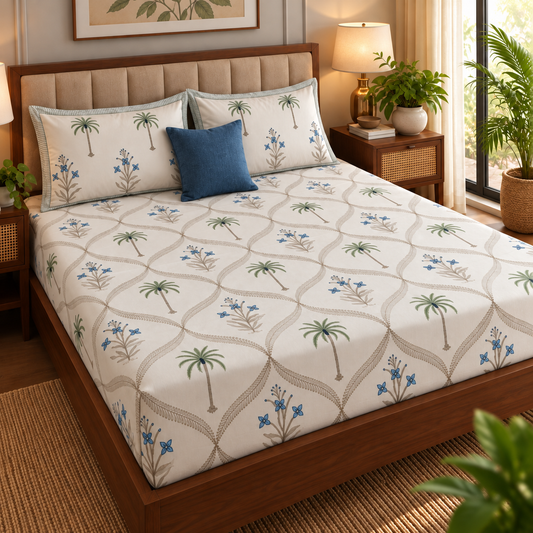 Blue Floral Palm Jaal Handblock Premium Cotton Bedsheet Set