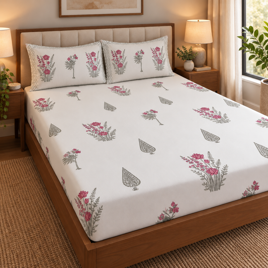 Green Ashoka Handblock Premium Cotton Bedsheet Set