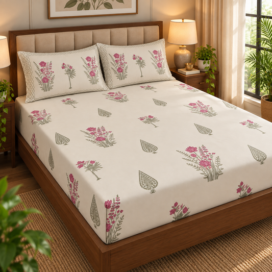 Green Ashoka Handblock Premium Cotton Bedsheet Set (Beige Base)