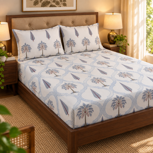 Blue Palm Jaal Handblock Premium Cotton Bedsheet Set