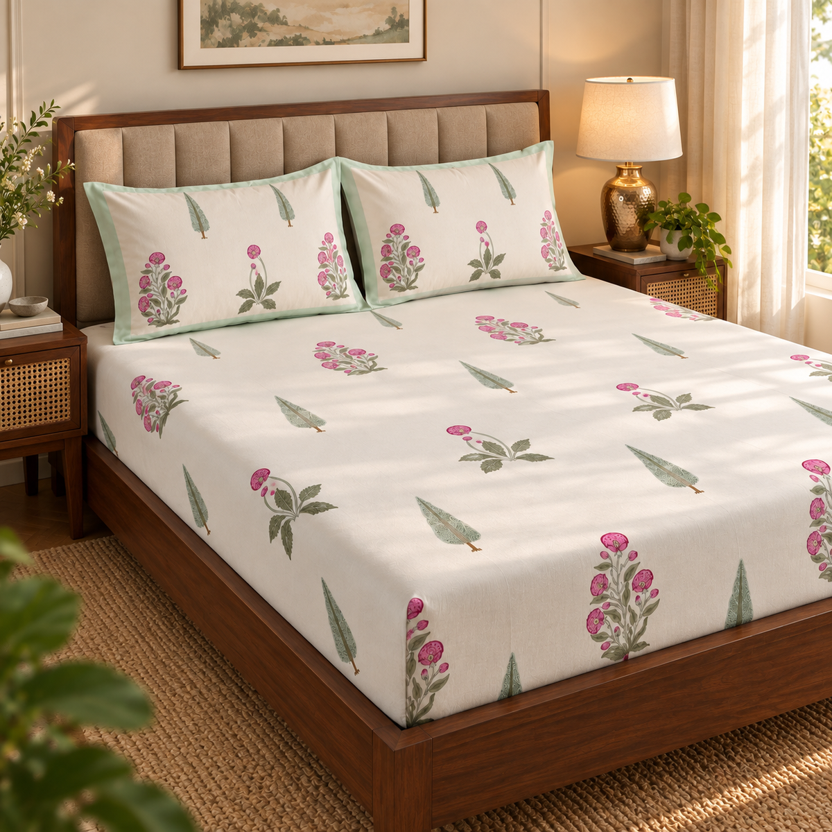 Light Magenta Floral Handblock Premium Cotton Bedsheet