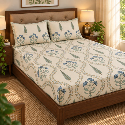 Blue Poppy Handblock Premium Cotton Bedsheet Set (Beige Base)