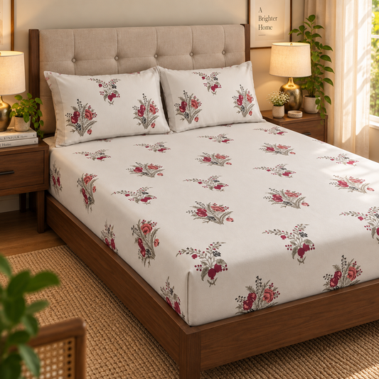 Burgundy Anaar Handblock Premium Cotton Bedsheet Set