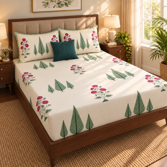 Magenta Floral Garden Handblock Premium Cotton Bedsheet Set (Light Cream Base)