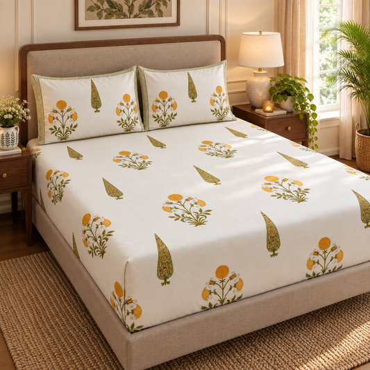 Yellow Dahlia Handblock Premium Cotton Bedsheet Set
