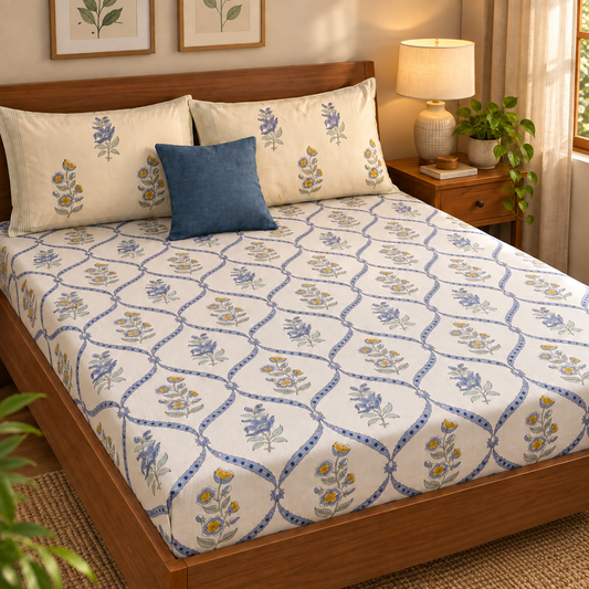 Blue Periwinkle Handblock Cotton Bedsheet Set (Beige Base)