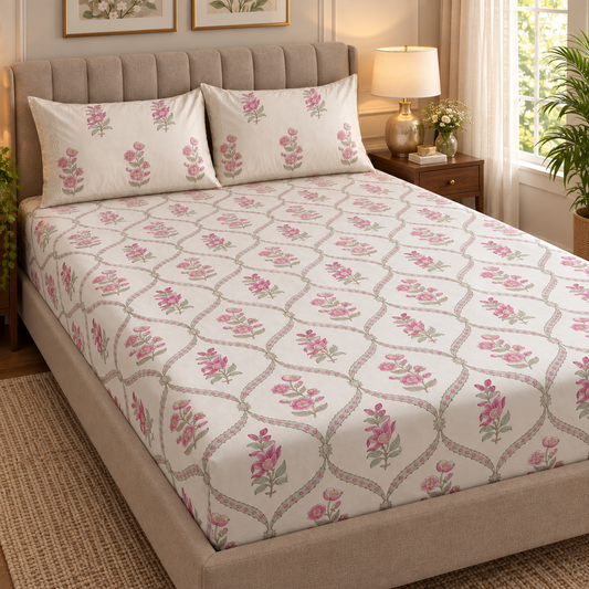Pink Periwinkle Jaal Handblock Premium Cotton Bedsheet Set