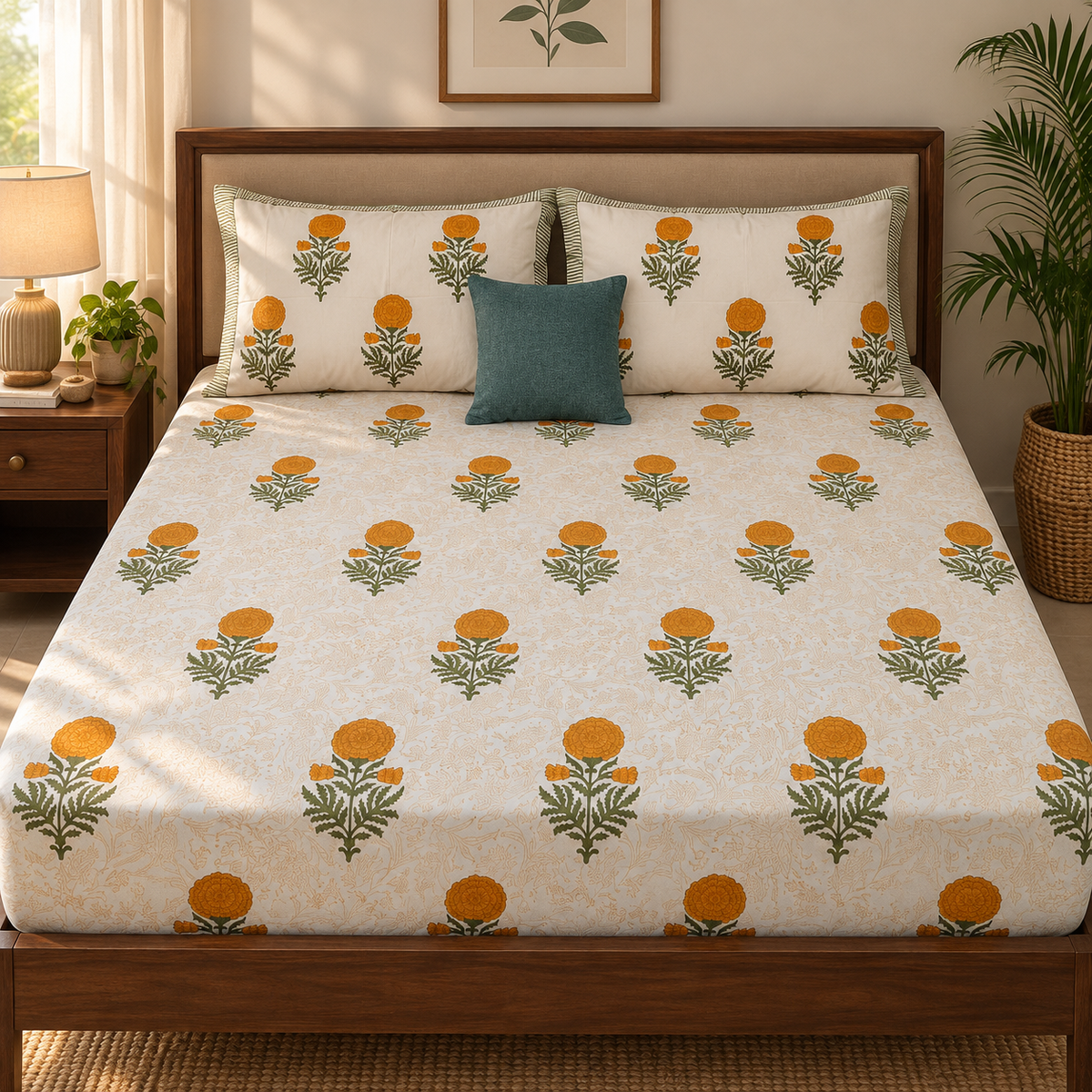 Turmeric Yellow Paani Jaal Handblock Premium Cotton Fitted Bedsheet Set