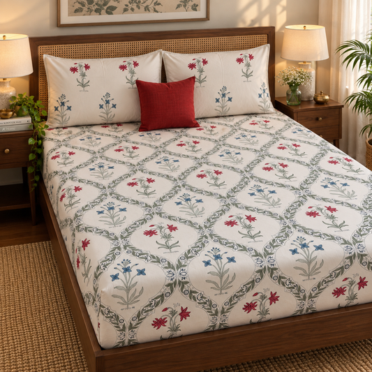 Pink Blue Floral Jaal Handblock Premium Cotton Bedsheet Set