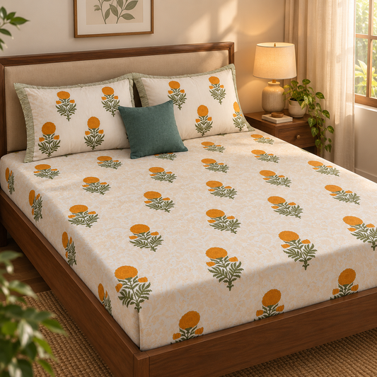 Turmeric Yellow Paani Jaal Handblock Premium Cotton Fitted Bedsheet Set