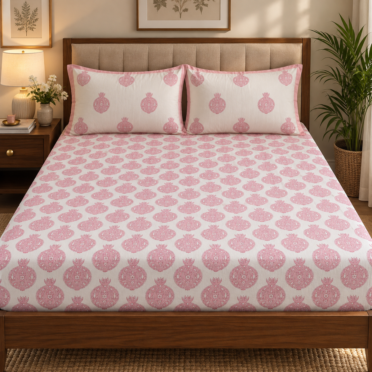 Pink Anaar Jaal Handblock Printed Premium Cotton Bedsheet Set