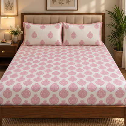 Pink Anaar Jaal Handblock Printed Premium Cotton Bedsheet Set