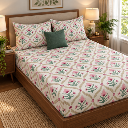 Pink & Green Cotton Bud Handblock Premium Cotton Bedsheet Set